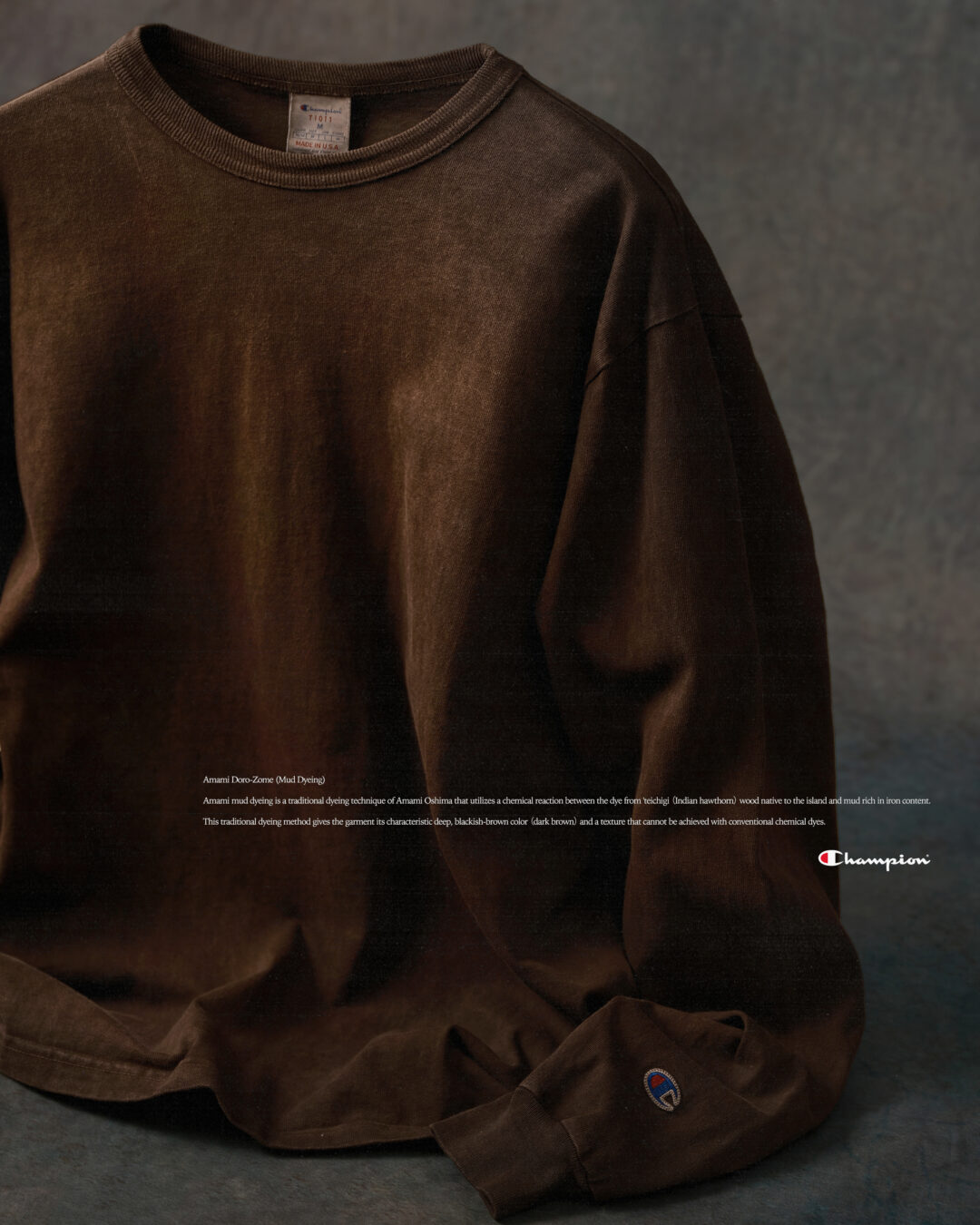 Champion 2026 FW Made in USA「T1011」に日本の伝統技法「奄美泥染め」を施した限定アイテム”AMAMI DOROZOME”が10/3 発売 (チャンピオン)