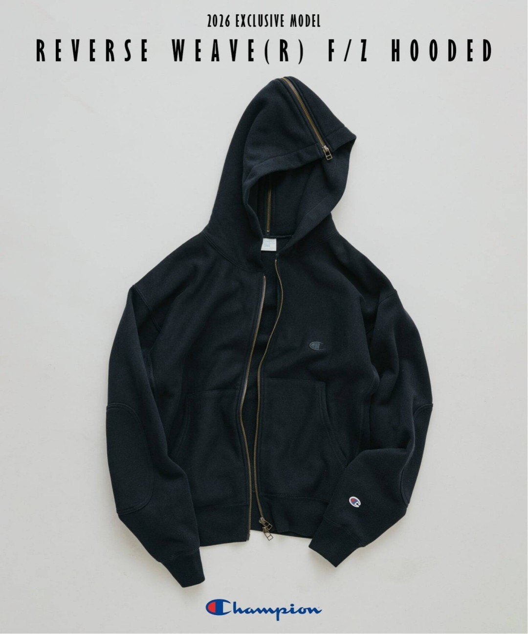 Champion × JOURNAL STANDARD relume 2026 FW 別注 “RW エルボーパッチ ジップパーカー”が11月下旬 発売 (チャンピオン ジャーナルスタンダード)