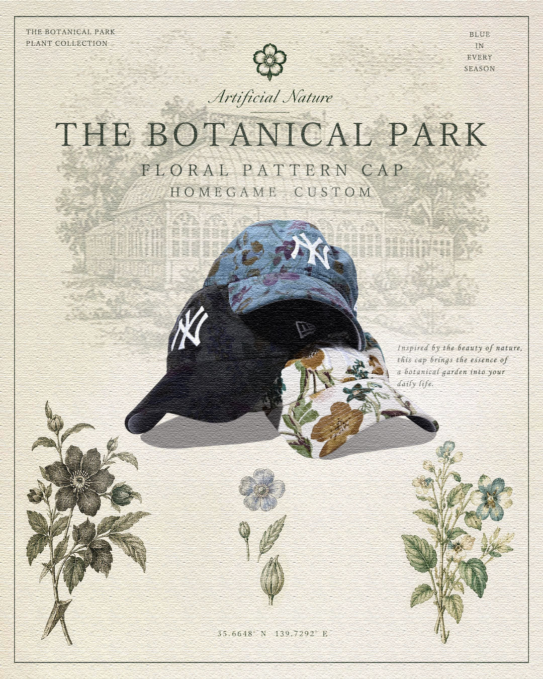 花々の彩りや植物の繊細な表情を落とし込んだ HOMEGAME CUSTOM NEW ERA 59FIFTY “THE BOTANICAL PARK” (ホームゲーム カスタム ニューエラ)