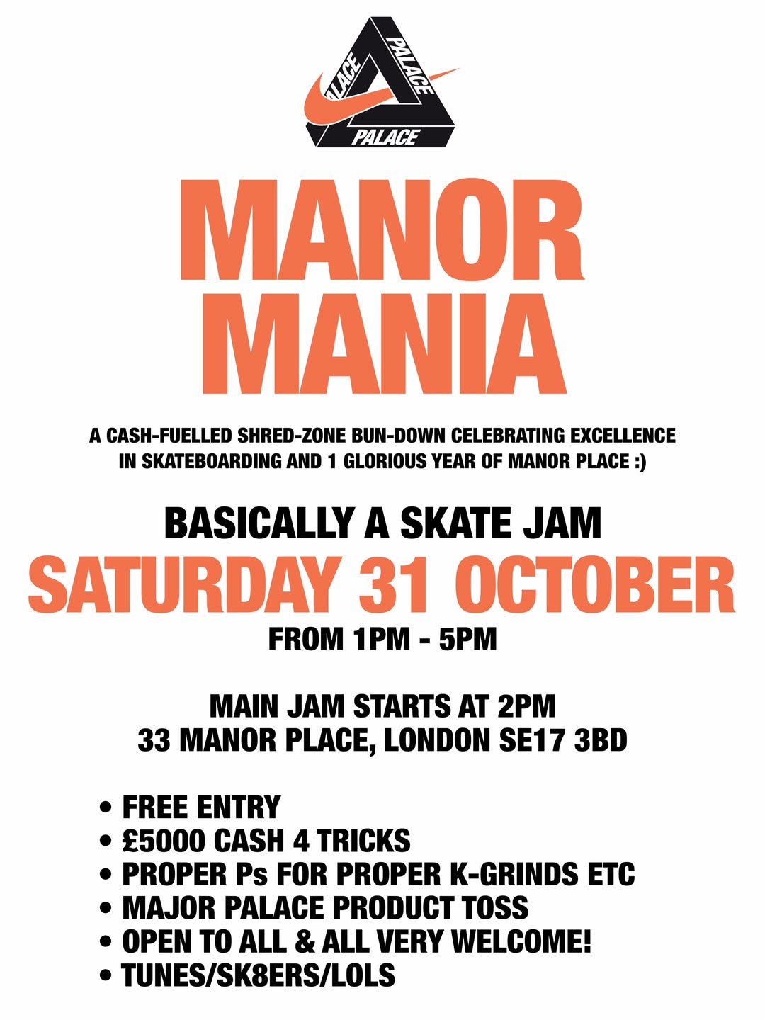 Palace Skateboards × NIKE コラボレーション拠点「Manor Place」オープン1周年イベント「MANOR MANIA」が海外 2026年 10/31 開催 (パレス スケートボード ナイキ
